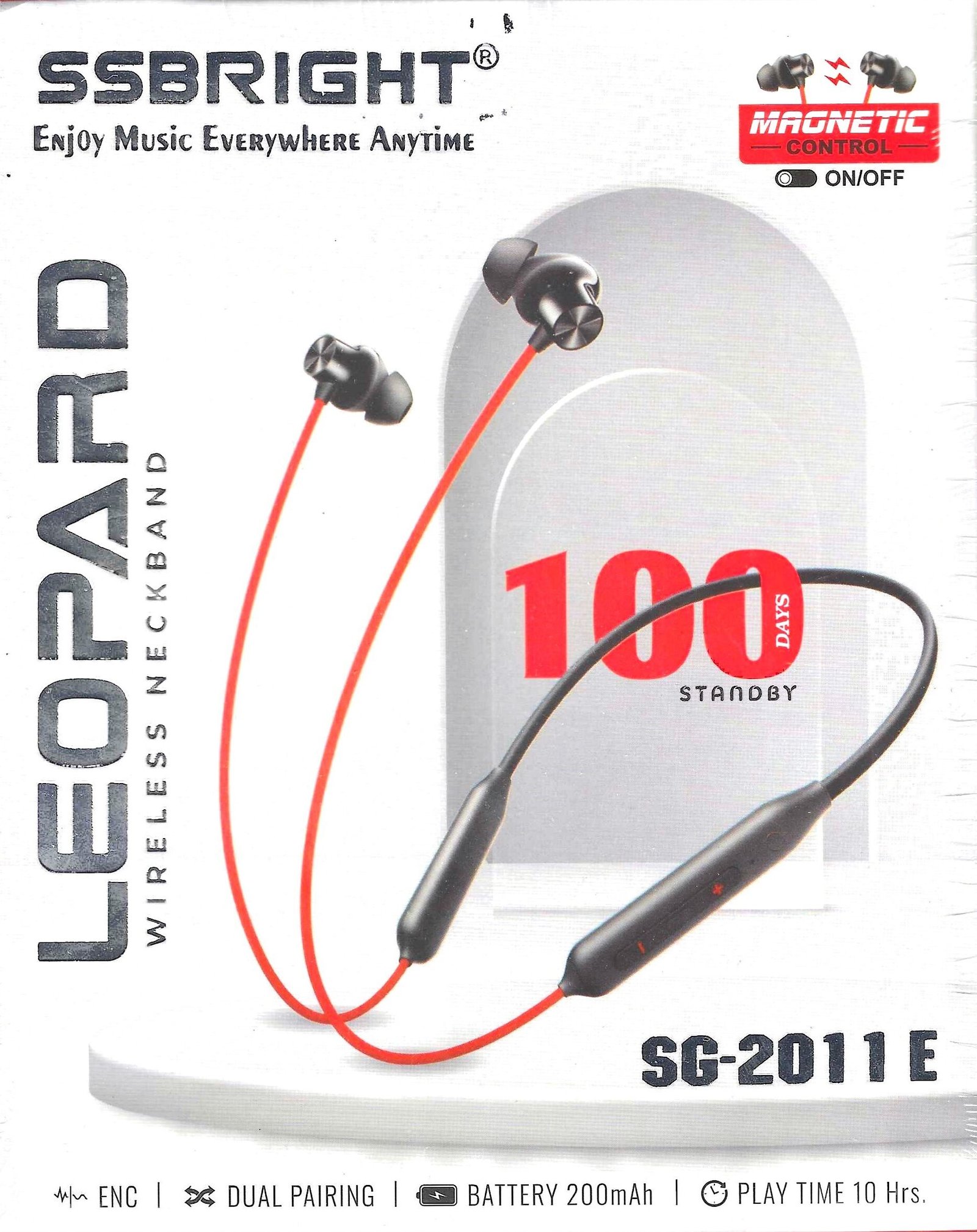 Text: SSBright Leopard SG-2011E wireless neckband with magnetic earbuds